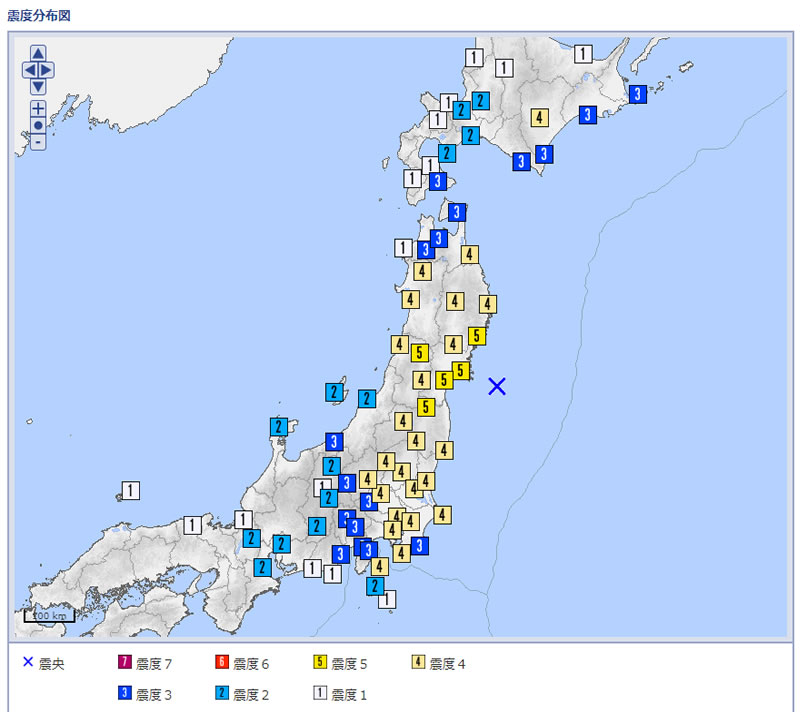 昭和５３年宮城県沖地震の震度分布図